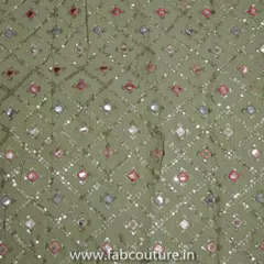 Green Chinon Faux Mirror and Sequins Embroidered Fabric
