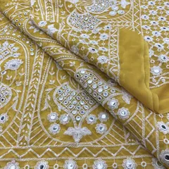 Yellow Lucknowi Georgette Embroidery Fabric