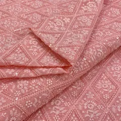 Peach Sequins Georgette Chikan Embroidery Fabric