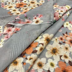 Grey Chinon Chiffon Floral Print with Embroidery Fabric