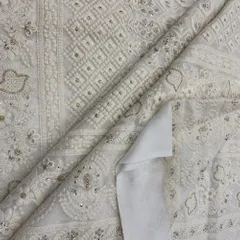 White Georgette Lakhnawi Embroidery Fabric (1.3 Meter Cut Piece )