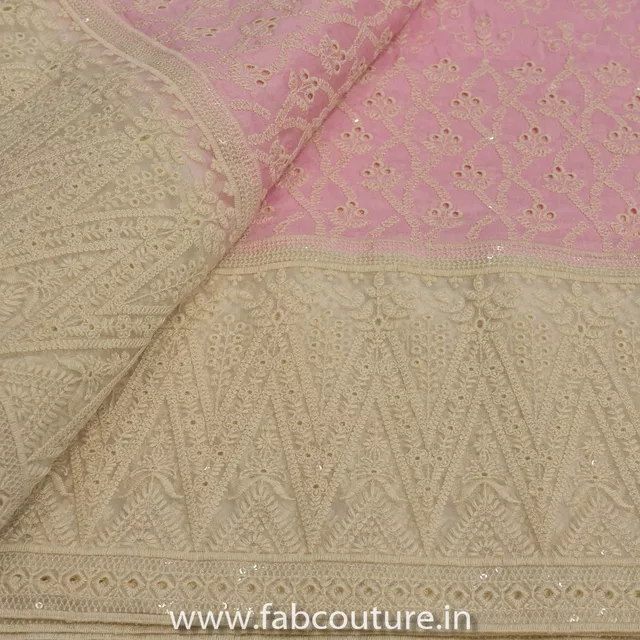 Pink Cotton Muslin With Thread Embroidery Fabric