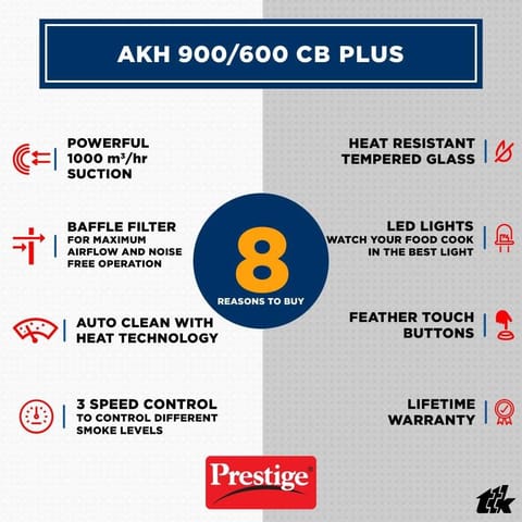 Prestige Chimney (60cm 1000 m3/hr , Auto Clean 600CB-Plus, 2 Baffle Filters, Touch Control, Black)