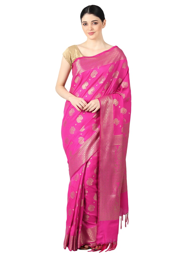 Silk fab Women's Banarasi Saree Silk Animal Motif Pink Ethnic Paisley (WIth Blouse 100cm) SFS1001 Fuchsia