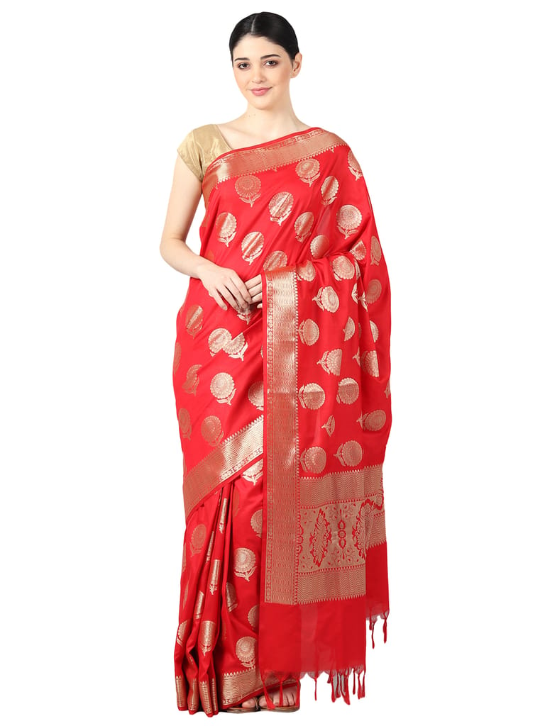 Silk fab Women's Banarasi Saree Silk Floral Red Ethnic (WIth Blouse 100cm) SFS1002