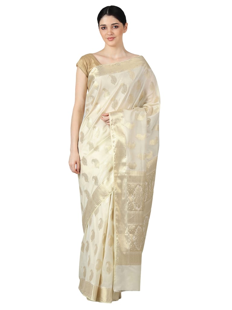 Silk fab Women's Banarasi Saree Silk Floral Cream Ethnic Paisley (WIth Blouse 100cm) SFS1004