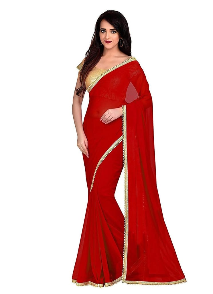 Liveon Women's Lace Border Work With Chiffon Saree with Blouse (Red,5-6 Mtrs)-PID29946