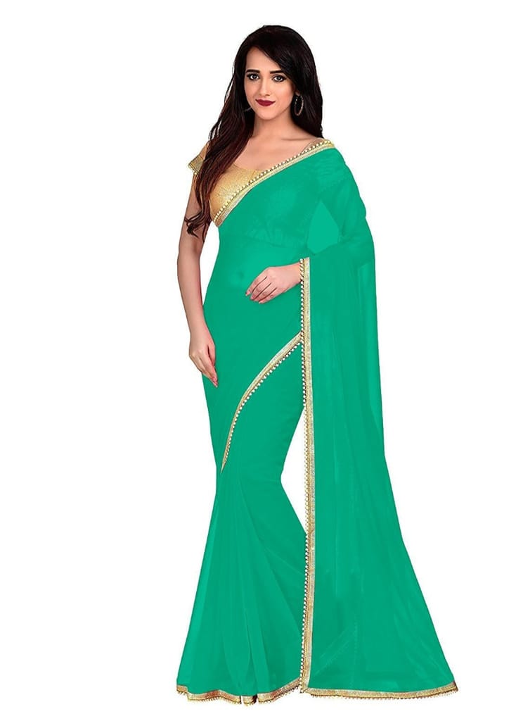 Liveon Women's Lace Border Work With Chiffon Saree with Blouse (Sea Green,5-6 Mtrs)-PID29947