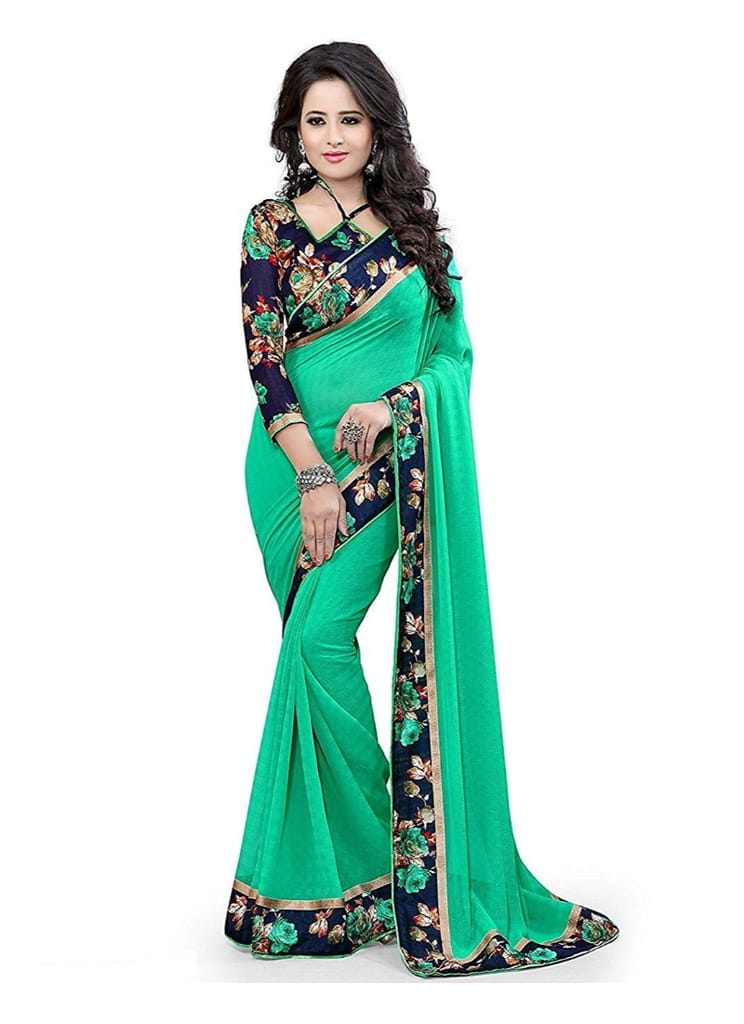 Liveon Women's Lace Border Work With Chiffon Saree with Blouse (Sea Green,5-6 Mtrs)-PID29961