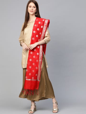 swatika Women's Bhagalpuri Red Silver Zari Coloured Free Size Handloom Silk Blend Dupatta - DJ0SA801