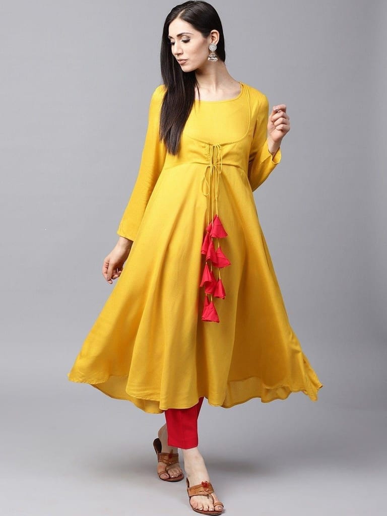 AKS --  YELLOW SOLID FLARED ANARKALI WITH TUSSEL DETAILS