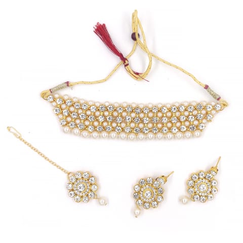 ZaffreCollecitons Trendy White Crystal and Pearl Choker Combo with Maang Tikka for Women and Girls