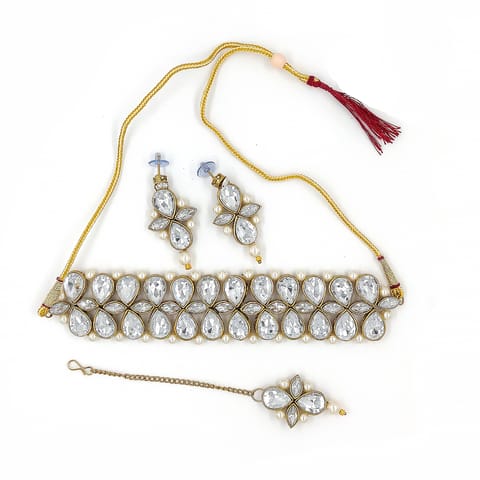 ZaffreCollections Trendy White Crystal Choker Set with Maang Tikka for Women and Girls