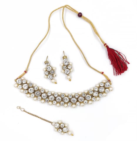 ZaffreCollections Cute White Crystal and Pearl Choker Set with Maang Tikka for Women and Girls