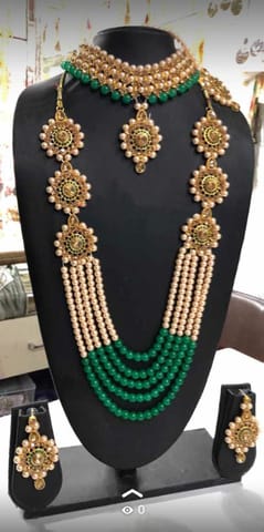 ZaffreCollections Trending Green Crystal and Pearl Necklace Choker Combo Set with Maang Tikka for Women and Girls