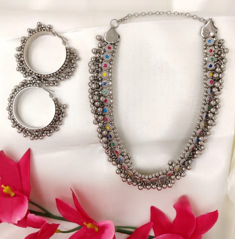 ZaffreCollections Atrractive Oxidized Silver Multicolor Necklace with Earrings for Women and Girls