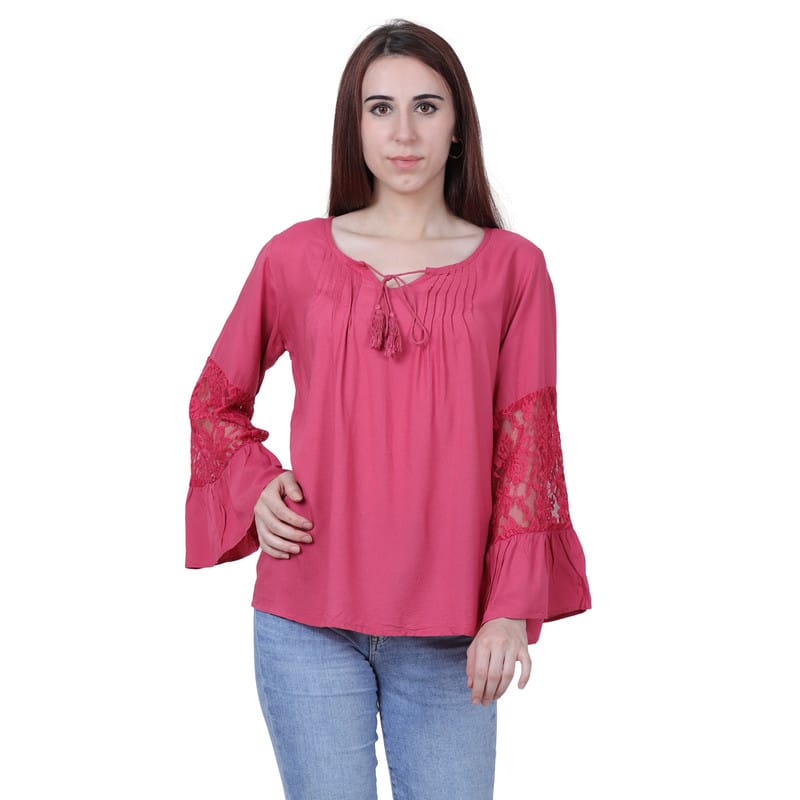 FMC Bell Sleeve Lace and Rayon Pink Top(Pink,L)