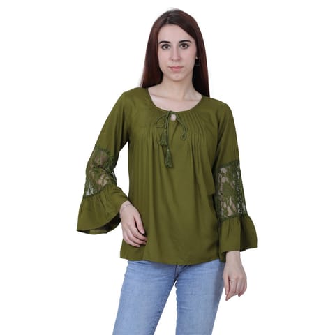 FMC Bell Sleeve Lace and Rayon Mehandi Green Top (Mehandi Green, XL)