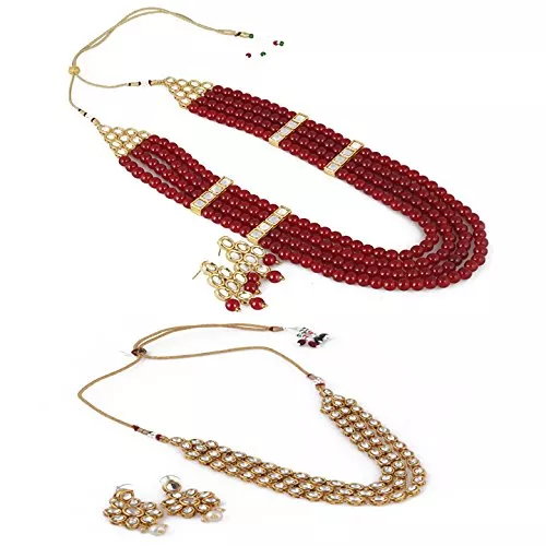 Aradhya Designer combo traditional maroon pearl kundan necklace with earrings for women - combo for 2 necklace set