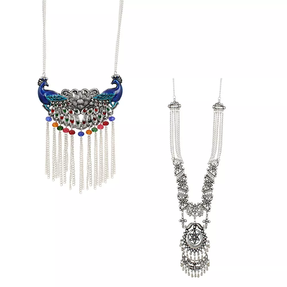 Aradhya Designer combo multi colour peacock , stylish fancy oxidized silver necklace