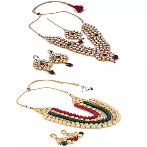 Aradhya Designer combo green and maroon traditional kundan jewellery necklace with earrings for women - combo for 2 necklace set