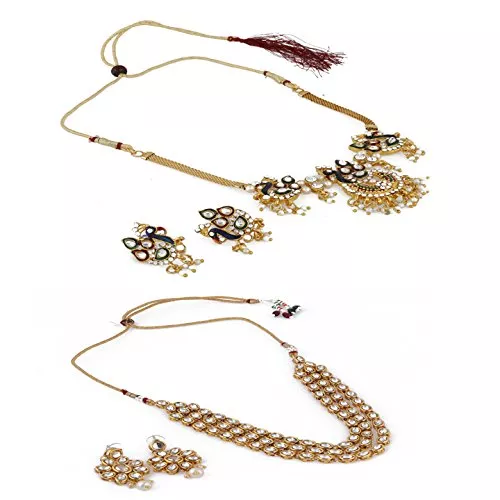 Aradhya Designer combo traditional peacock style gold plated choker and kundan necklace with earrings for women