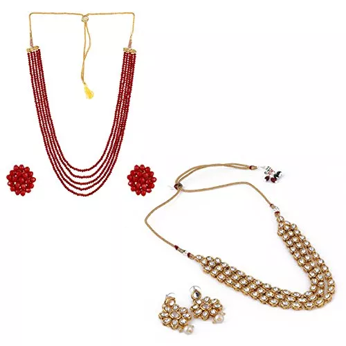 Aradhya Designer combo five layer red and kundan necklace with earrings for women - combo for 2 necklace set
