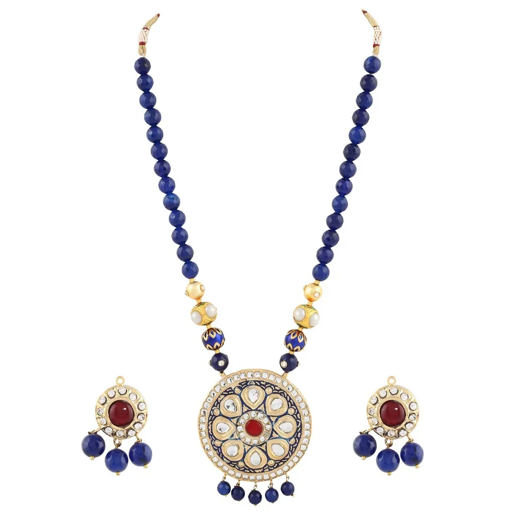 Aradhya Kundan metal gold strand blue onyx necklace with earrings jewellery set for women ...