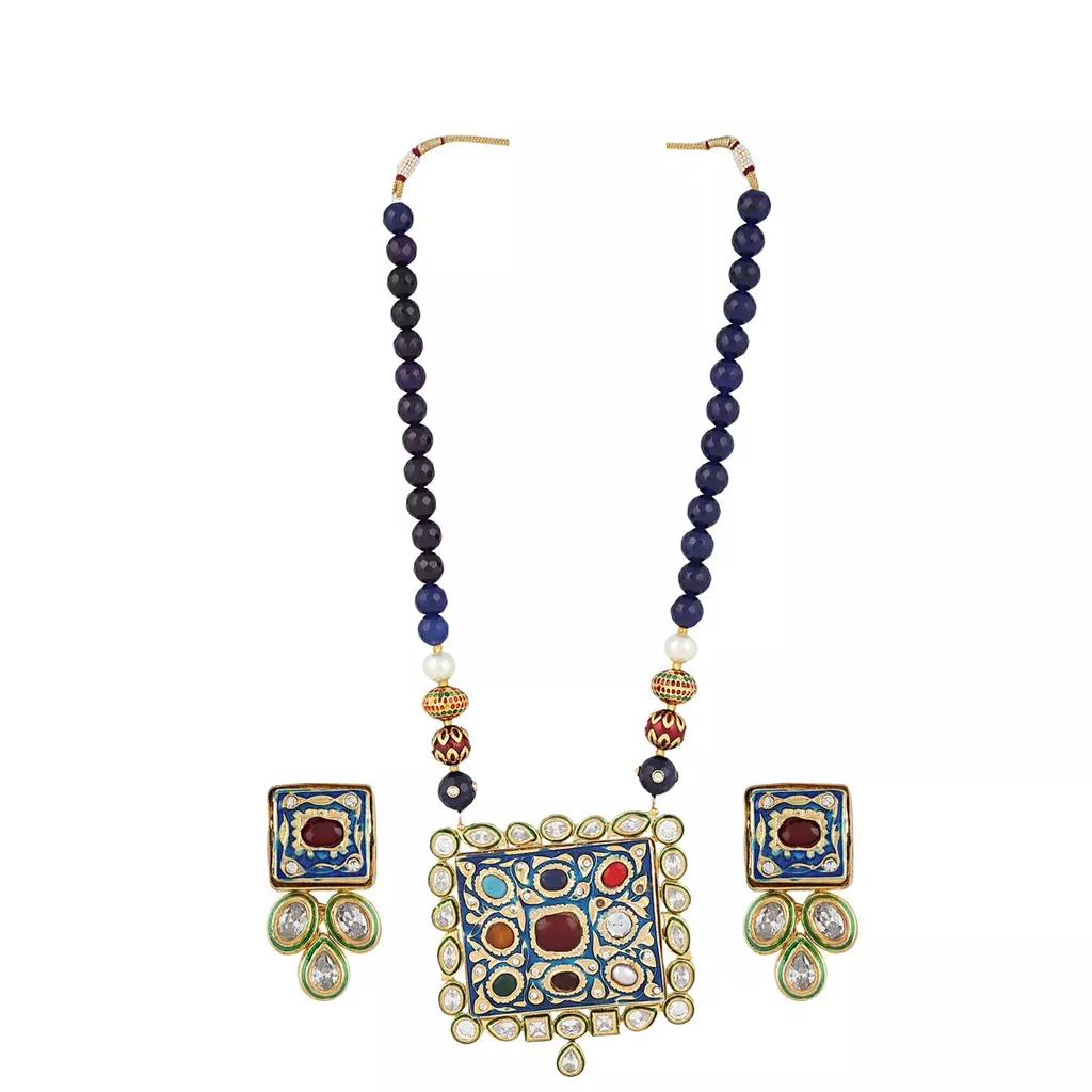 Aradhya Designer blue onyx ac high grade kundan necklace set with earrings for women