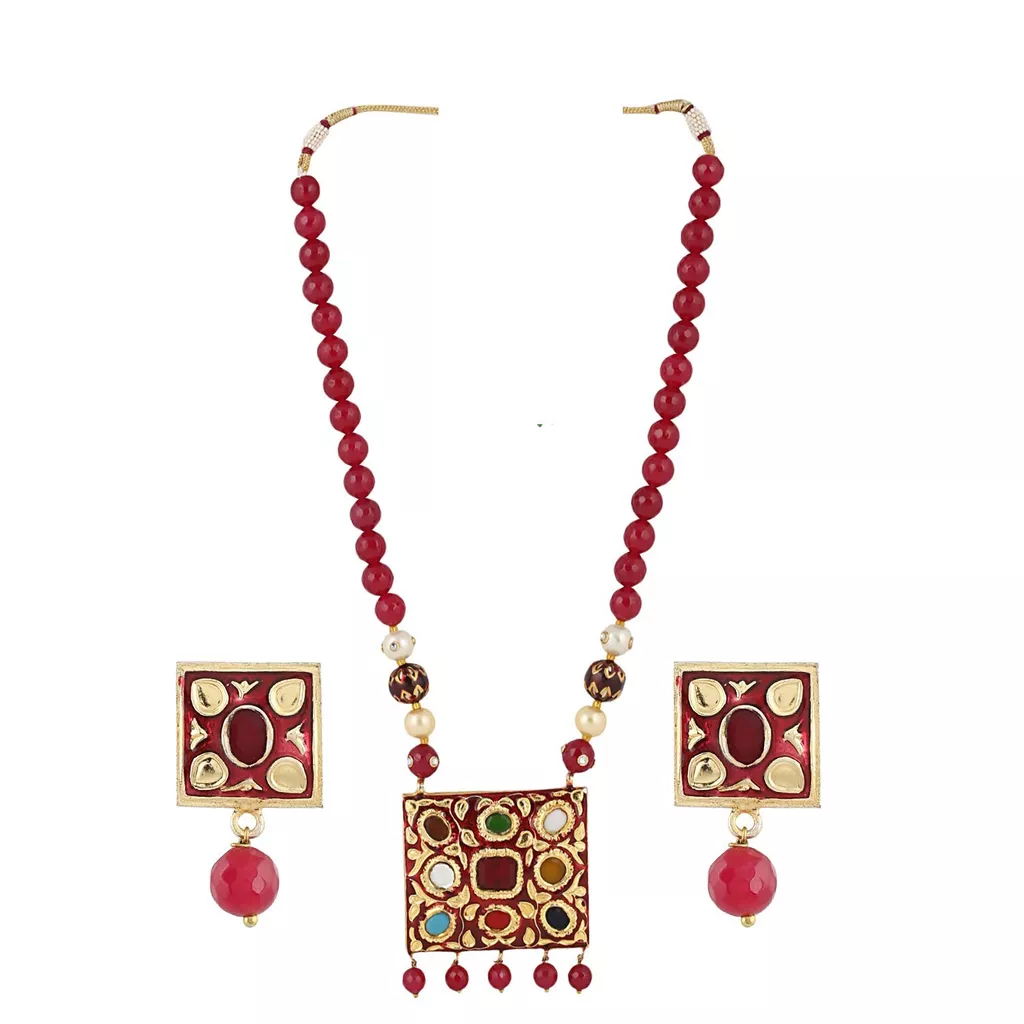 Aradhya Traditional navratan and maroon onyx beads necklace with earrings for women and girls