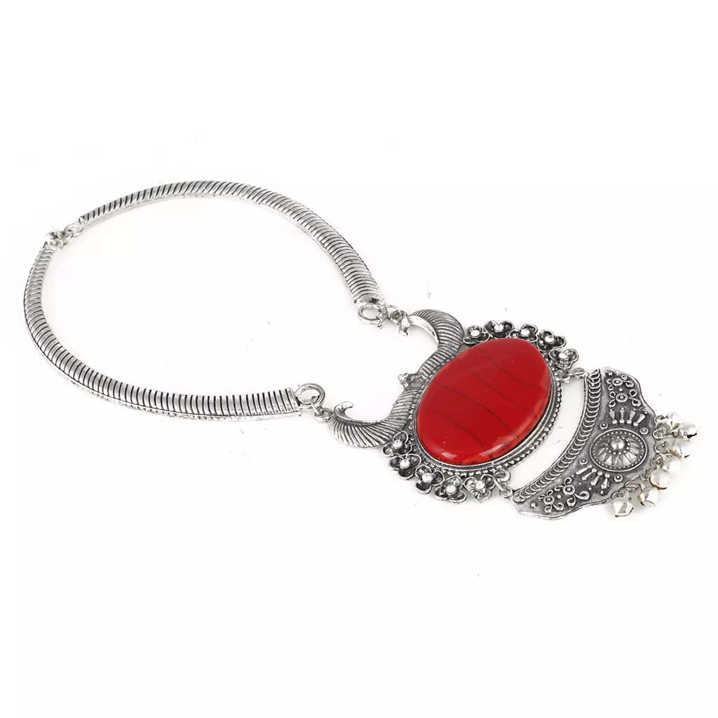 Aradhya Silver and red stone bead pendant tibetan necklace for women and girls