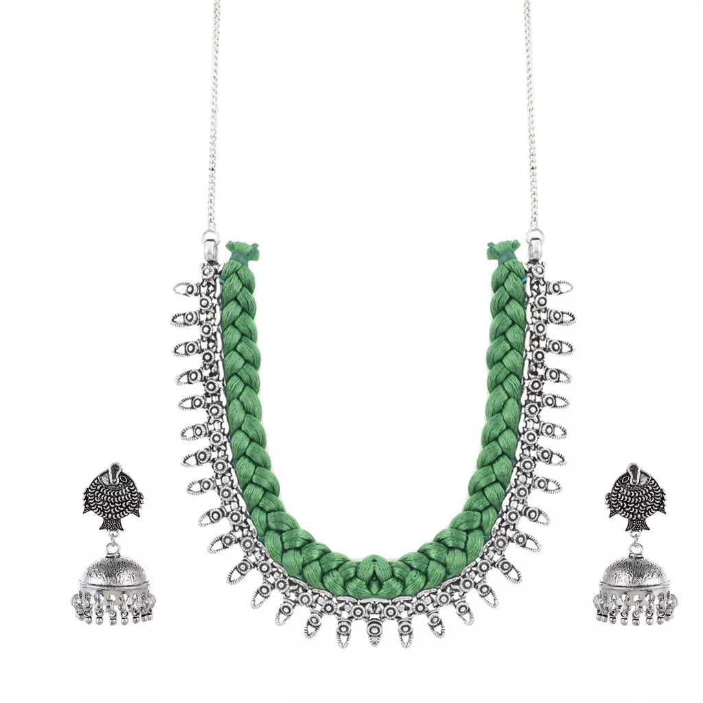Aradhya Designer green silk thread german silver statement necklace with jhumka earrings for women and girls