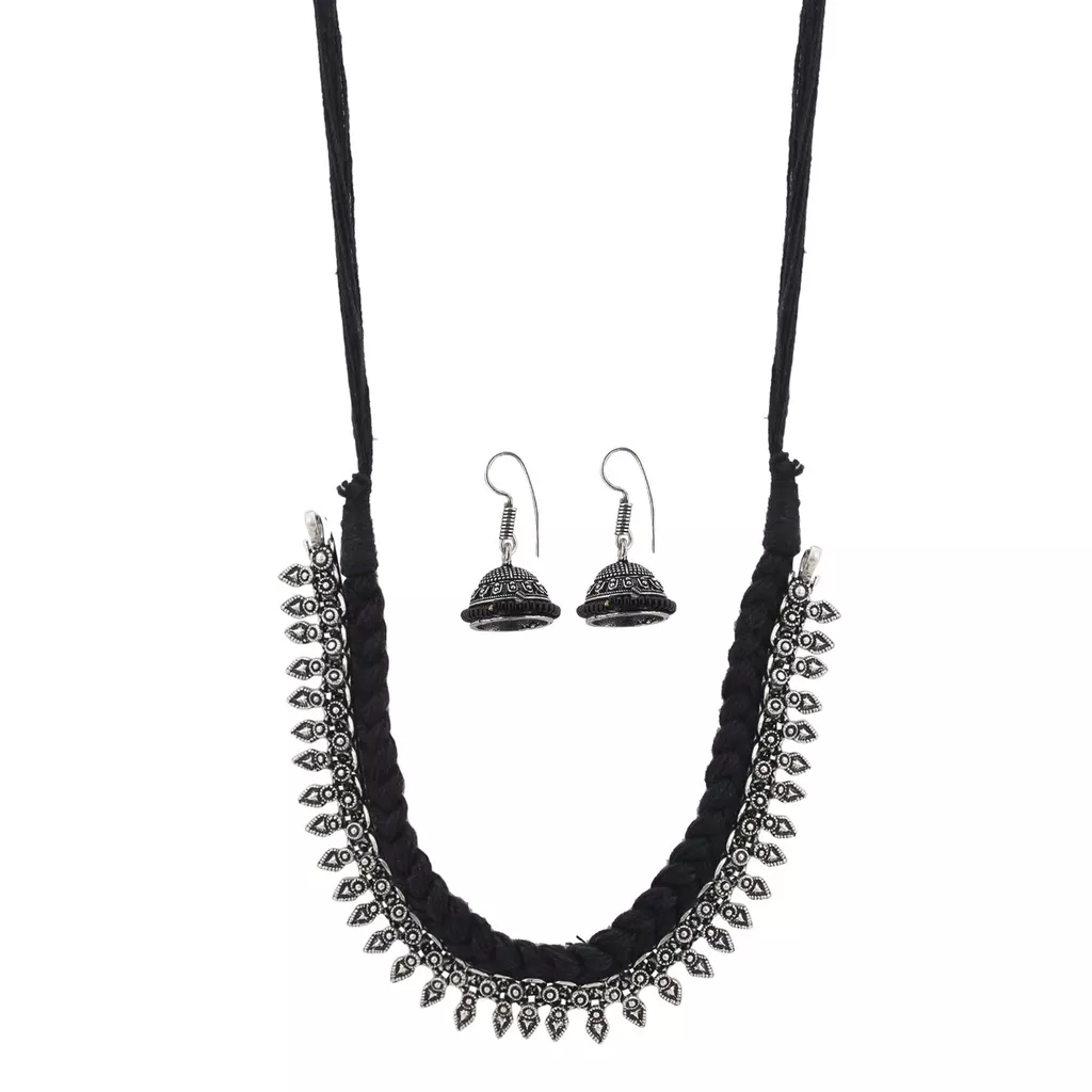 Aradhya Designer black thread party wear german silver statement necklace with jhumki earrings for women and girls