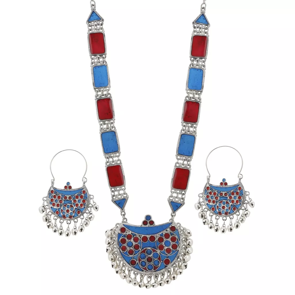 Aradhya Designer high quality red and blue silver afgani necklace with afgani matching earrings for women and girls