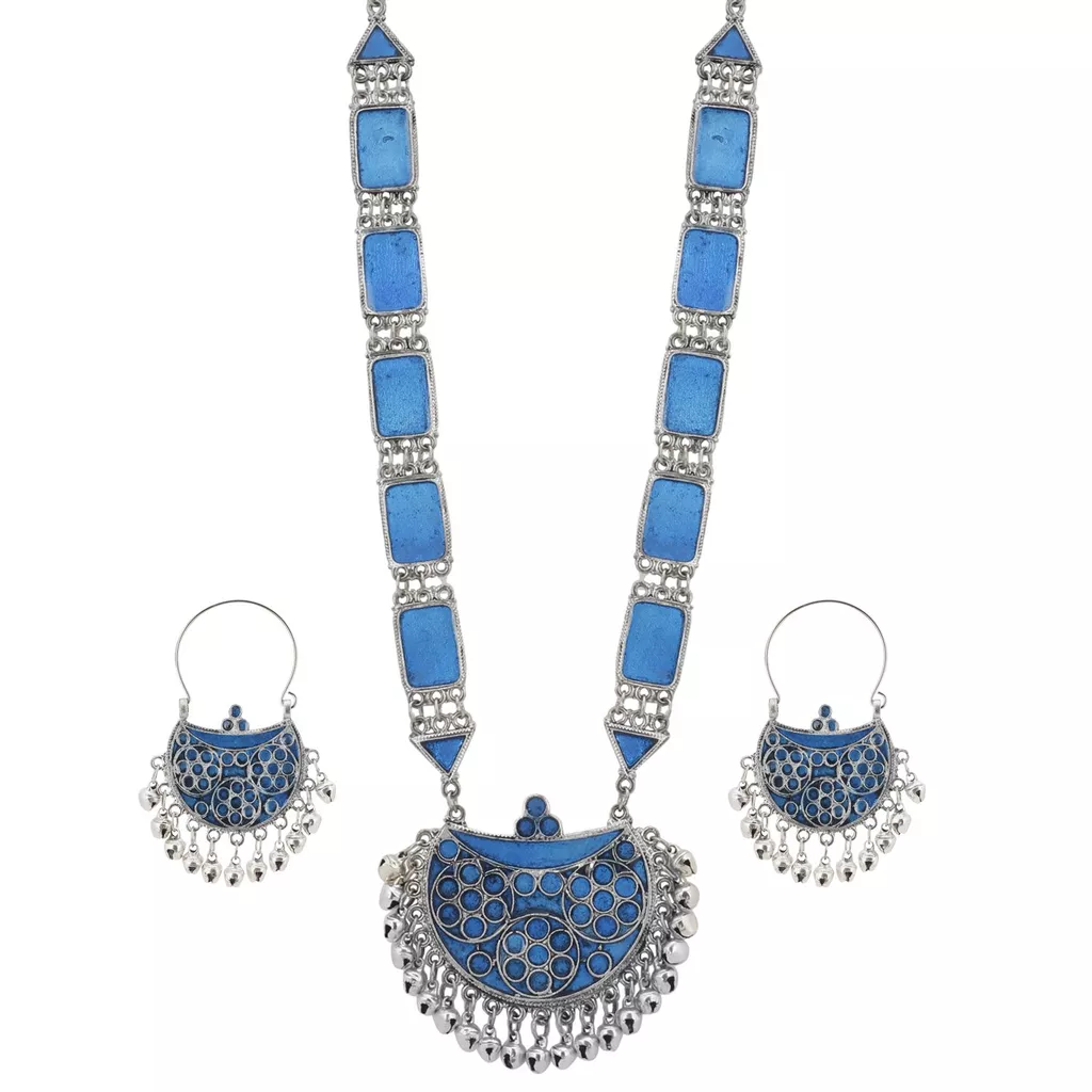 Aradhya Designer high quality blue German silver afgani necklace with afgani matching earrings for women and girls
