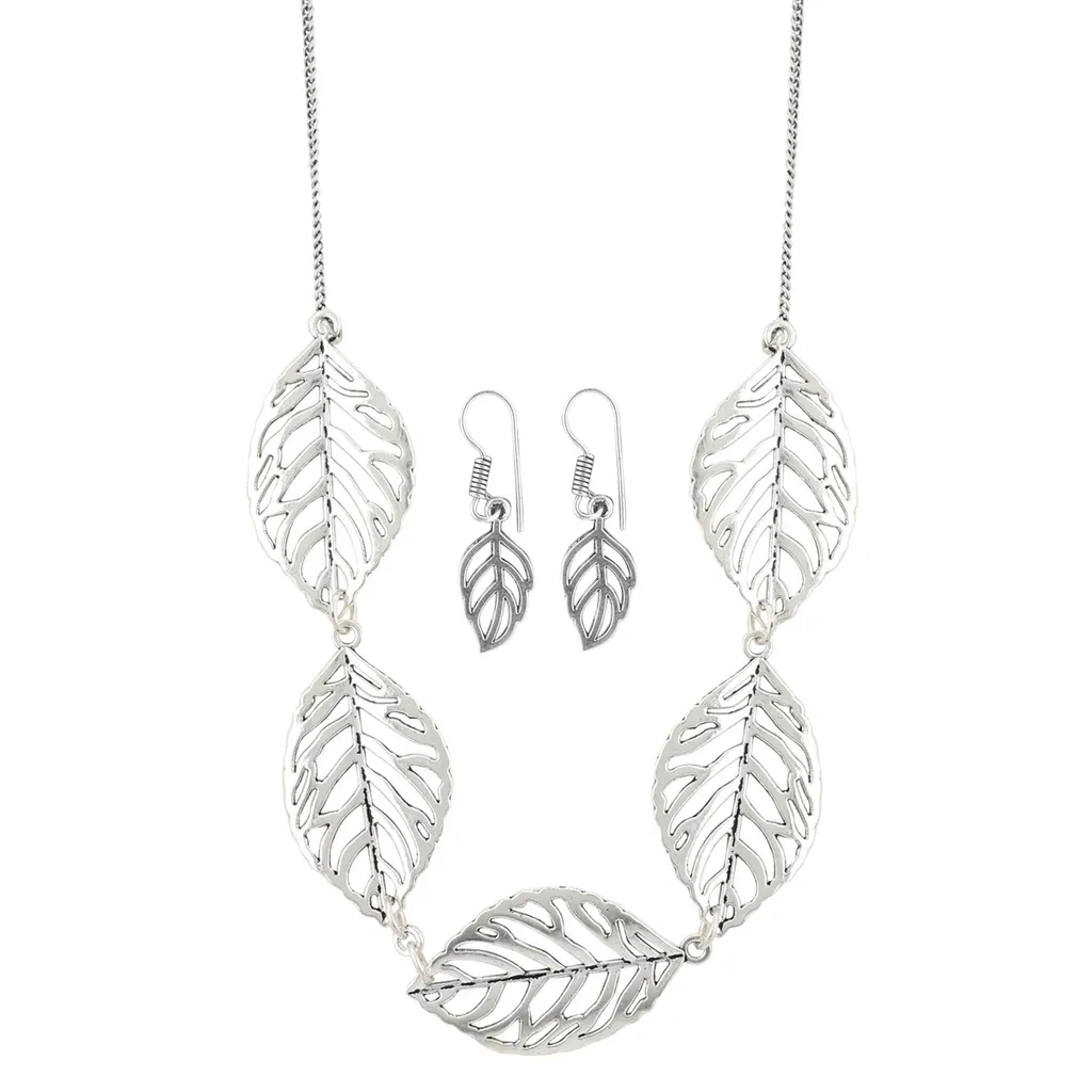 Aradhya Designer oxidized leaf design german silver tibetan necklace with earrings for women and girls