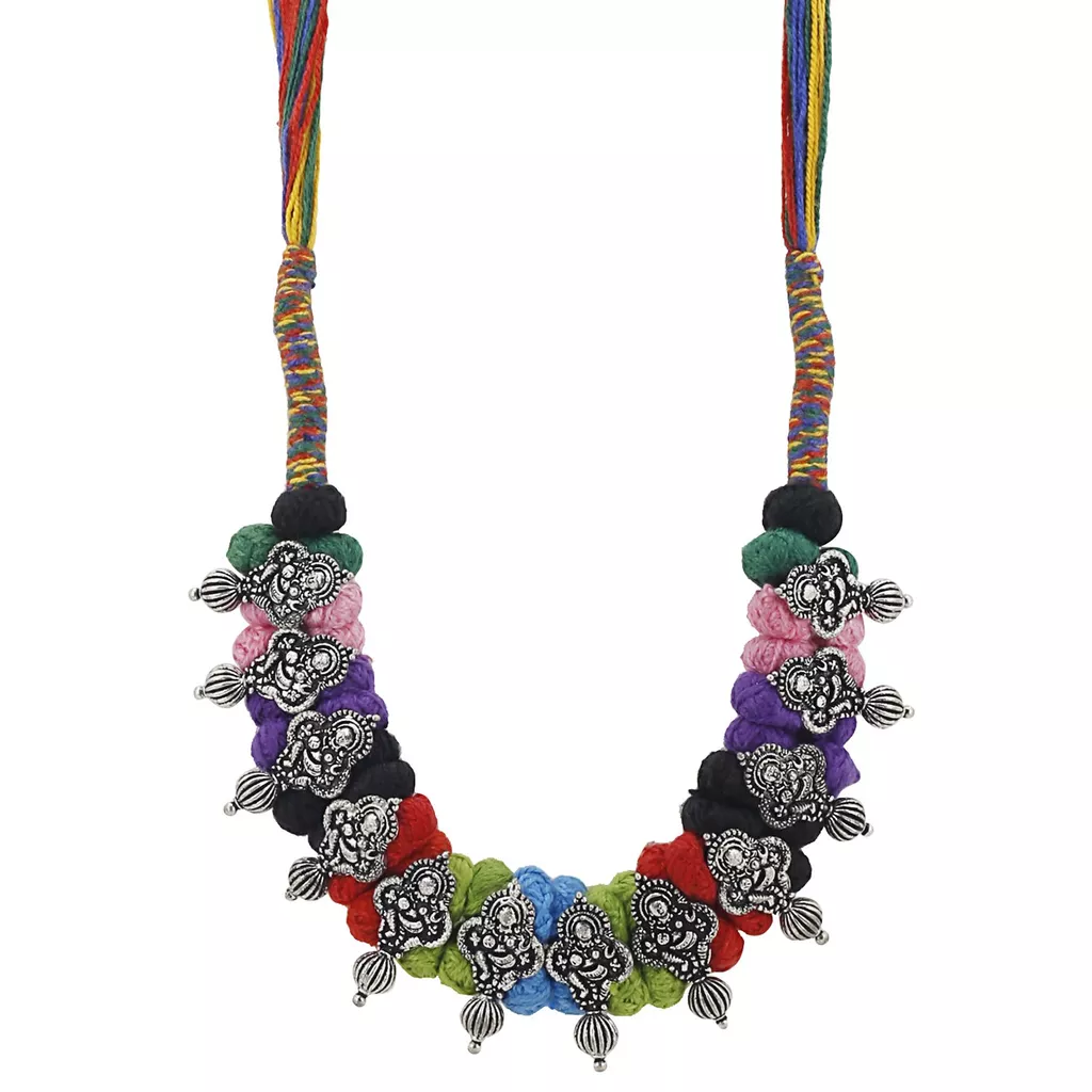Aradhya Designer dandiya style fusion multi colour thread german silver necklace for women and girls