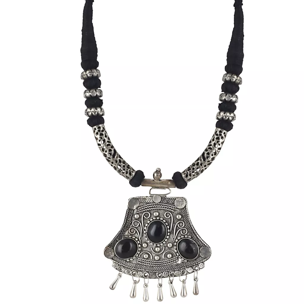 Aradhya High finished black thread and oxidized silver pendant designer necklace for girls and women
