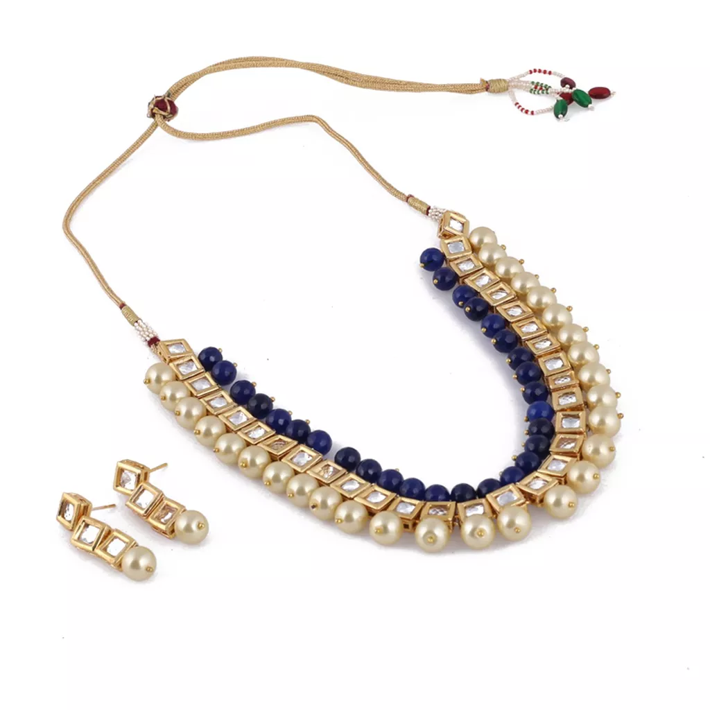 Aradhya Stylish square kundan with blue beads and shining beige pearl necklace set with earrings for women and girls