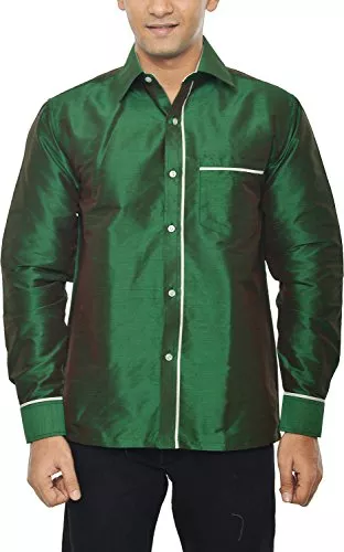 KENRICH Men's Silk Casual Shirt (ppng_btlgrnwhtfull, Emerald green, 40)