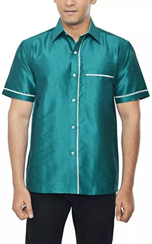KENRICH Men's Silk Casual Shirt (ppng_rmagrnwhthalf, Turquoise, 44)