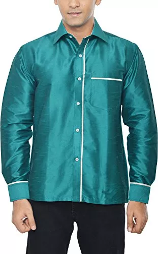 KENRICH Men's Silk Casual Shirt (ppng_rmagrnwhtfull, Turquoise, 38)