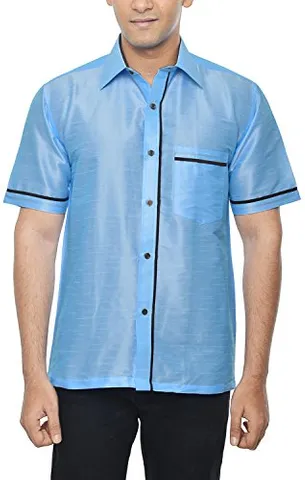 KENRICH Men's Silk Casual Shirt (ppng_skyblubrwnhalf, Sky blue, 42)