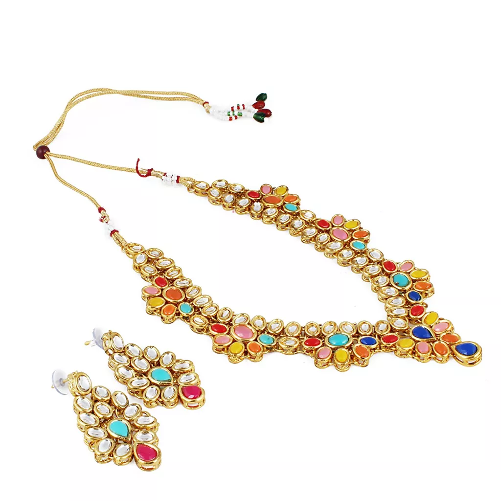 Aradhya Elegant bollywood inspired traditional multi colour kundan necklace with earrings for women