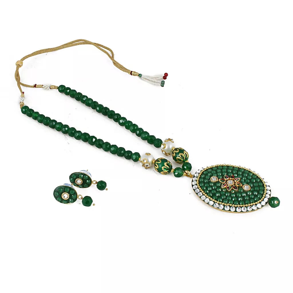 Aradhya Designer rajasthani style traditional green work kundan necklace with earrings for women