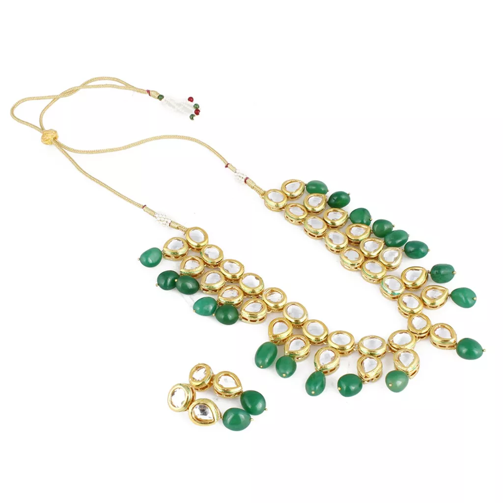 Aradhya Stylish high quality green stone kundan necklace set with earrings for women and girls