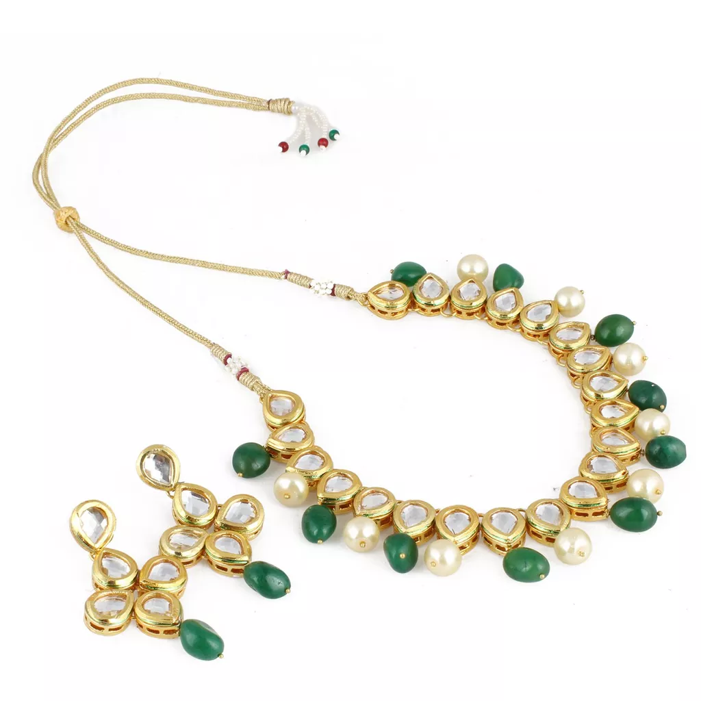 Aradhya Stylish high quality pearl and green stone kundan necklace set with earrings for women and girls