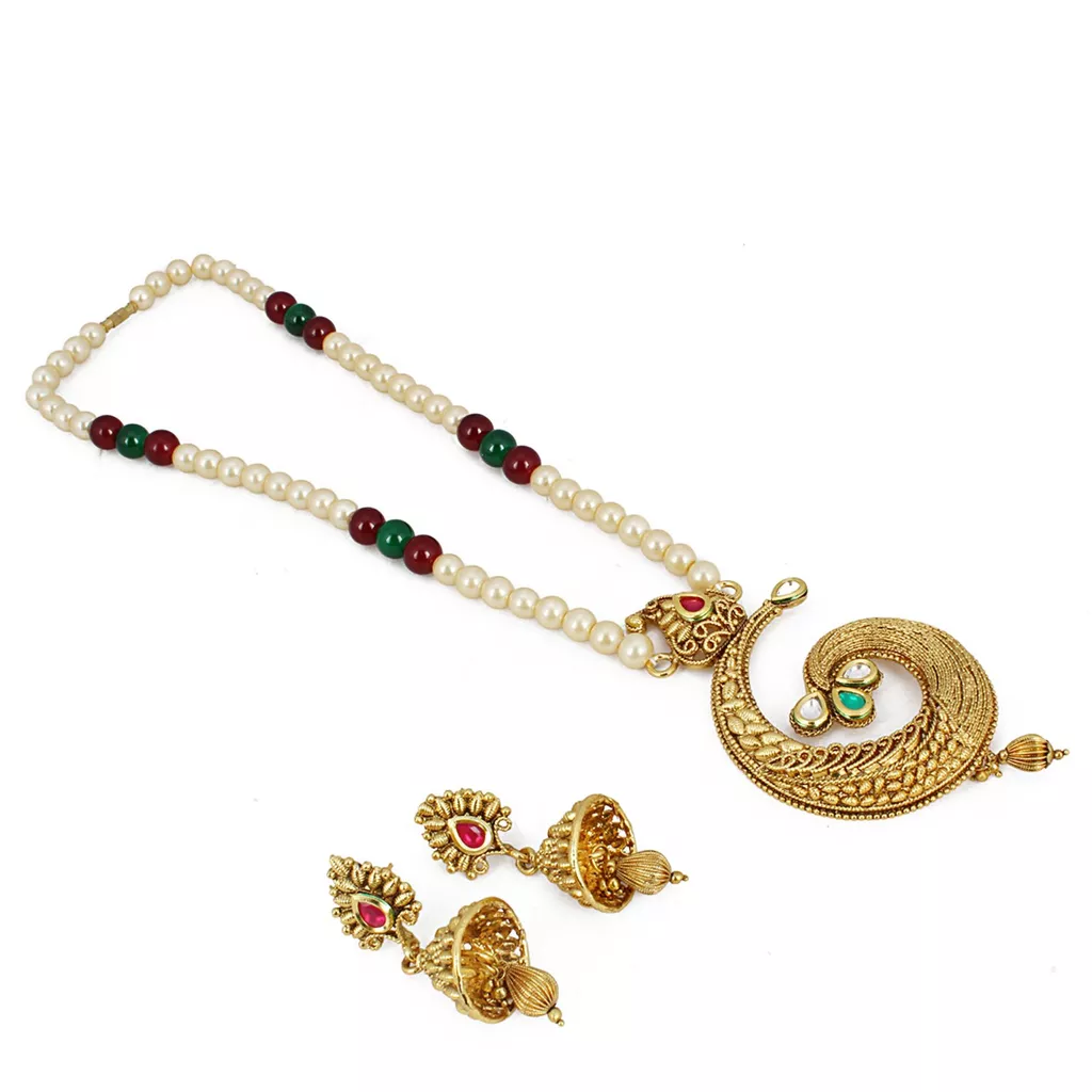 Aradhya Stylish high quality gold plated pearl kundan necklace set with earrings for women and girls