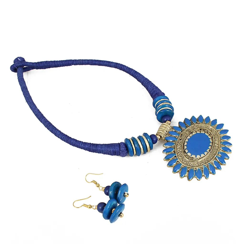 Aradhya Blue color designer tibetan style necklace with earrings for women and girls