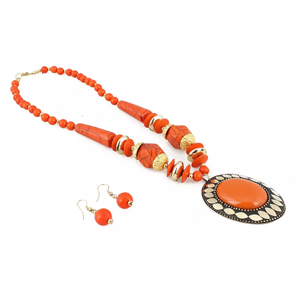 Aradhya Tibetan style handmade orange beads necklace with earrings set for women and girls